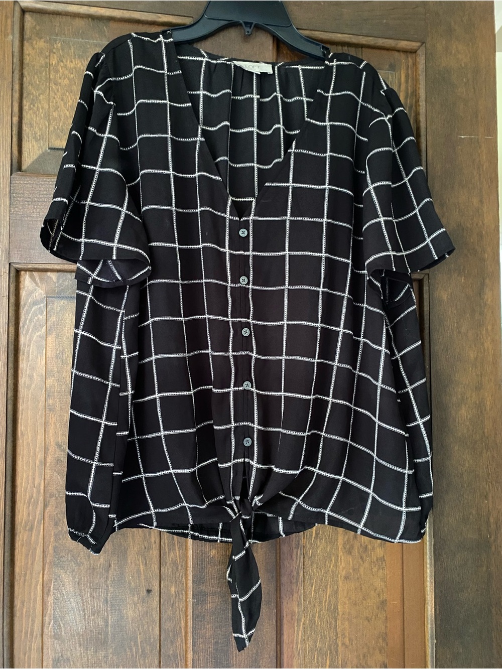 LOFT Black Windowpane Button-Front Tie Hem Blouse